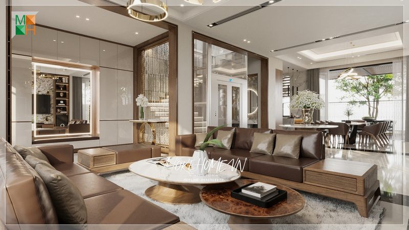 Bàn ghế sofa phòng khách có thiết kế hiện đại kết hợp với bàn trà tạo nên sự hài hòa trong không gian của căn phòng, gây ấn tượng rất tốt.